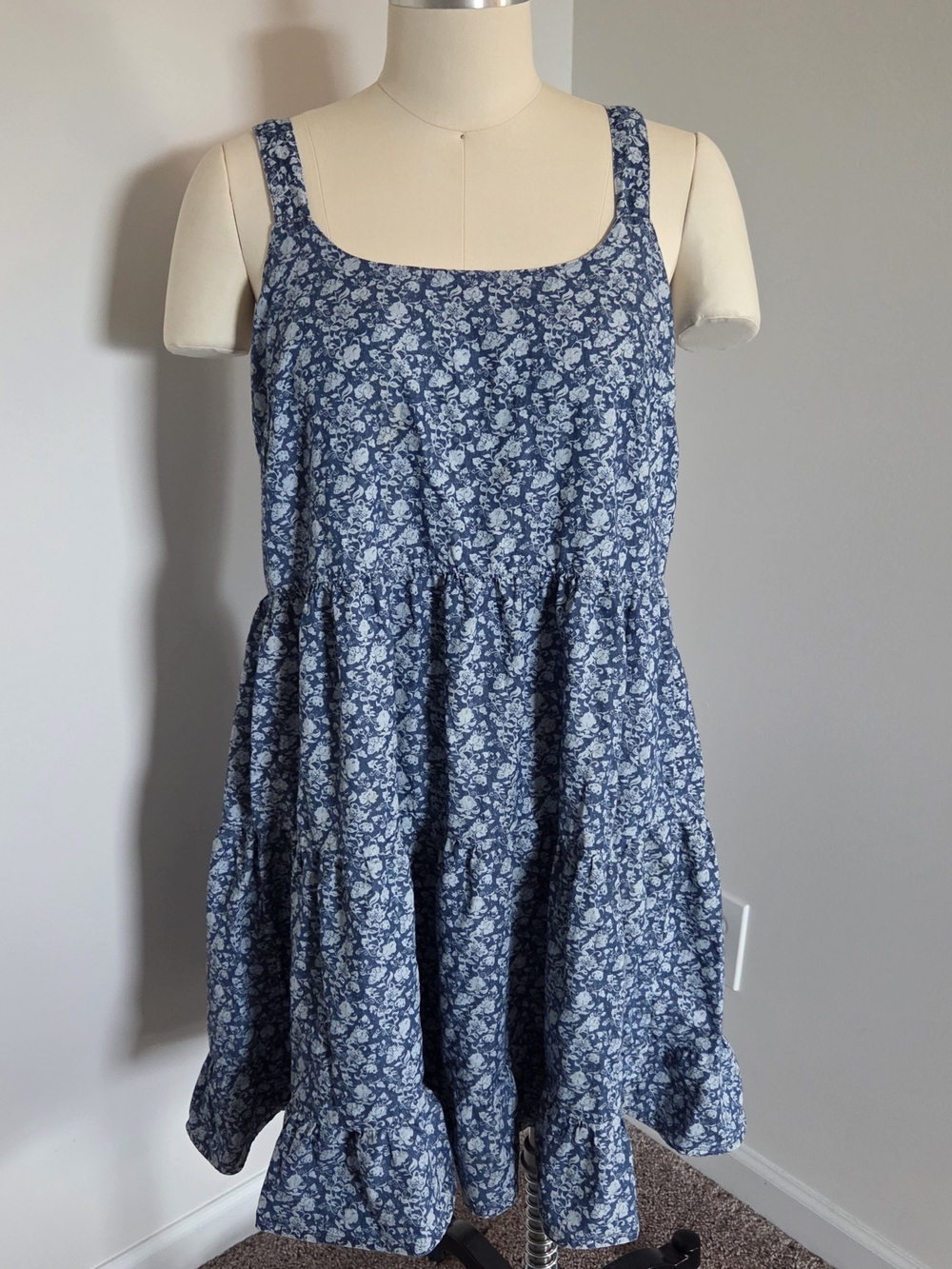 Size XL Millenium Blue & White Floral Tiered Sundress 100% Cotton
